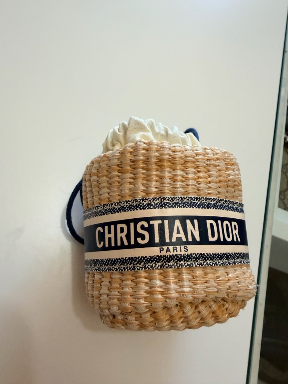 Dior Natural Straw Mini Bag with Navy and Cream Accents